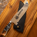 Faca de Churrasco Artesanal Personalizada SANTOS | Aço Inox 420C com Cabo em Madeira e Resina + Bainha de Couro