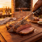 Faca de Churrasco Artesanal Personalizada SANTOS | Aço Inox 420C com Cabo em Madeira e Resina + Bainha de Couro