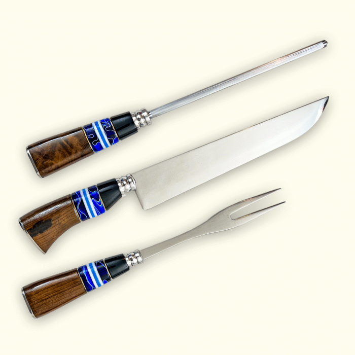 Kit Churrasco Faca + Garfo + Chaira Aço Inoxidável Premium