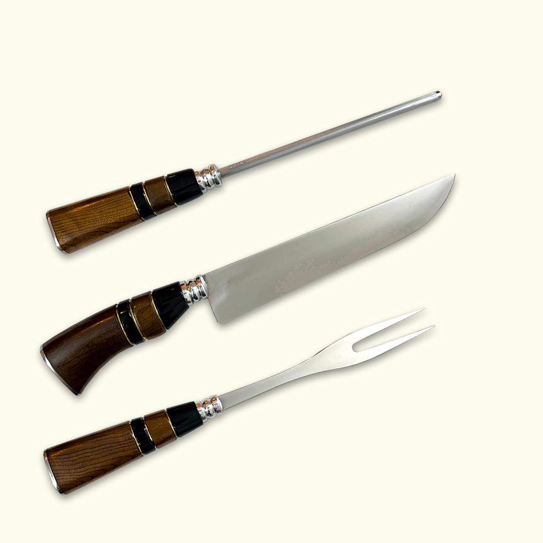 Kit Churrasco Faca + Garfo + Chaira Aço Inox Premium