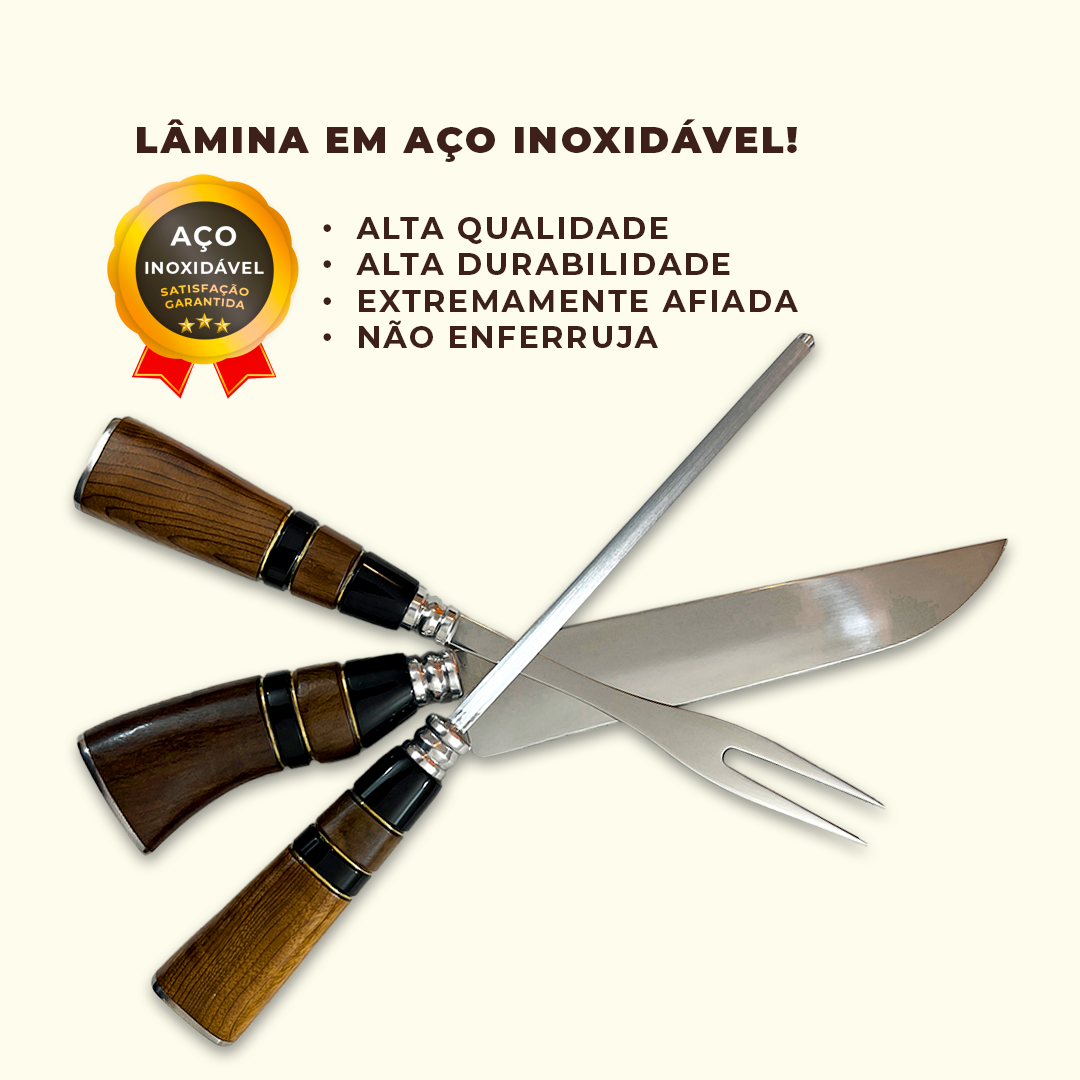 Kit Churrasco Faca + Garfo + Chaira Aço Inox Premium - Imagem 3